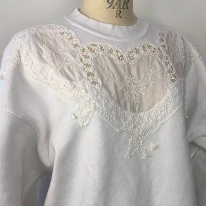 Vintage 80s Cottage Core Lace Appliqued Oversized Sweatshirt Womens XL